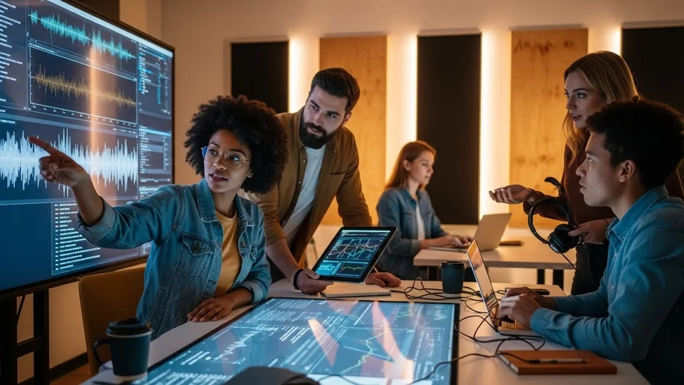 Equipe técnica em um estúdio analisando grandes telas com ondas sonoras e dados digitais, colaborando em um projeto de áudio.
