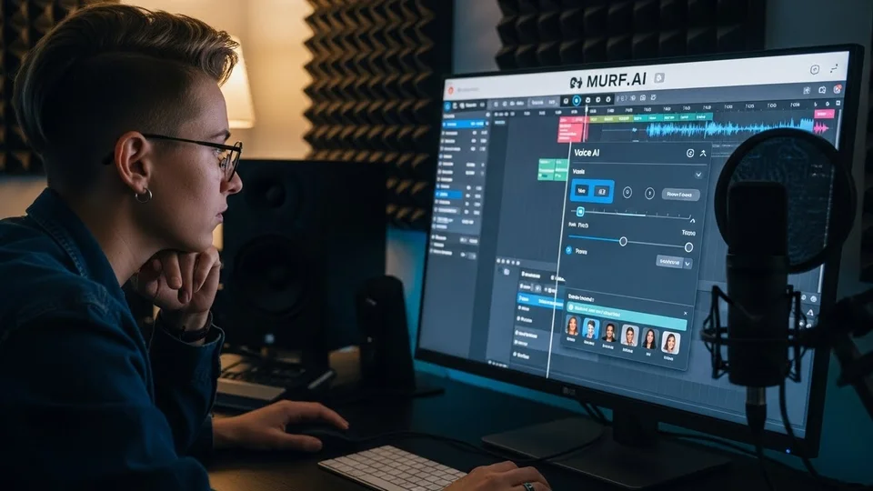 Close lateral de uma pessoa com óculos operando o software de voz por inteligência artificial Murf.ai em um estúdio.
