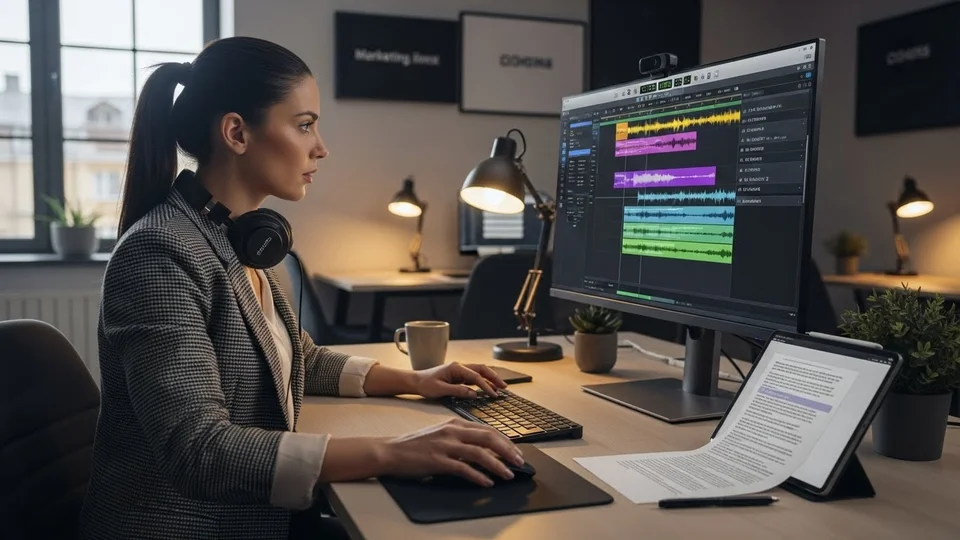 Mulher sentada em um escritório moderno editando diversas faixas de áudio coloridas em um monitor de alta resolução.