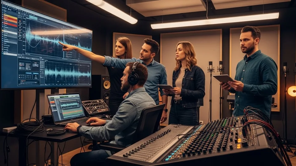Grupo de profissionais em um estúdio de som analisando ondas sonoras em um grande monitor e mesa de mixagem.