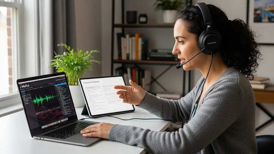 Uma mulher usa headset com microfone e gesticula enquanto trabalha em um notebook com software de edição de áudio.