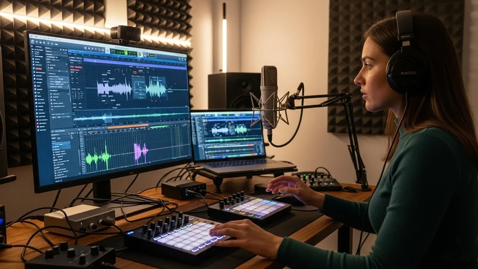 Mulher com fones gravando e editando áudio com controladores e mic.