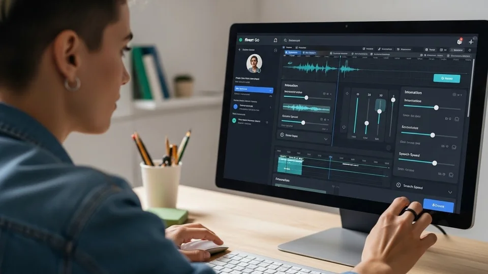 Pessoa editando áudio em monitor com interface de ajustes de voz.
