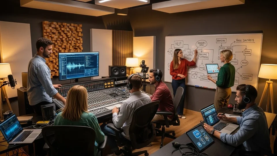 Equipe técnica em estúdio de som analisando ondas sonoras e fluxos.
