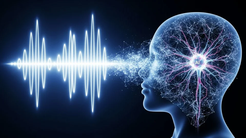 Perfil de uma cabeça humana digital conectada a ondas sonoras, representando o processamento de voz por IA.