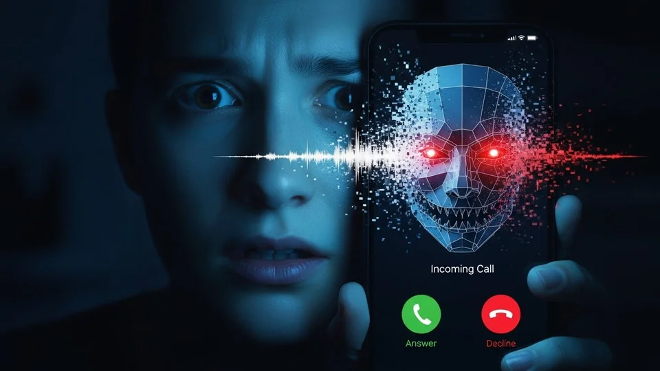 Pessoa assustada olhando para celular que exibe um rosto digital sinistro e ondas de áudio.