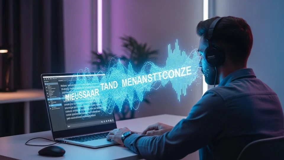 Homem usando fones de ouvido em frente a um notebook com uma representação gráfica de ondas sonoras azul neon flutuando sobre a tela.