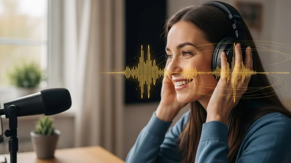 Mulher sorridente usando fones de ouvido em frente a um microfone profissional, com uma sobreposição digital de ondas sonoras douradas.