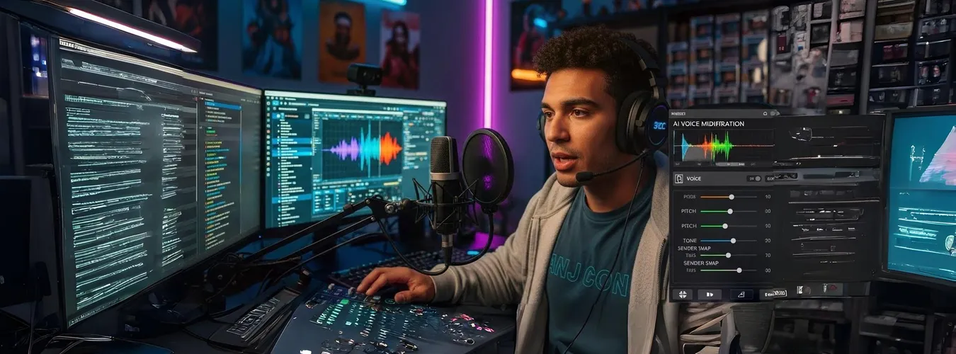 Criador de conteúdo usa IA para modificação de voz em estúdio