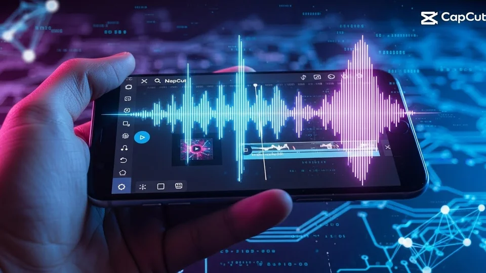 Mão segurando smartphone com interface do app CapCut exibindo ondas sonoras vibrantes em neon sobre fundo tecnológico.