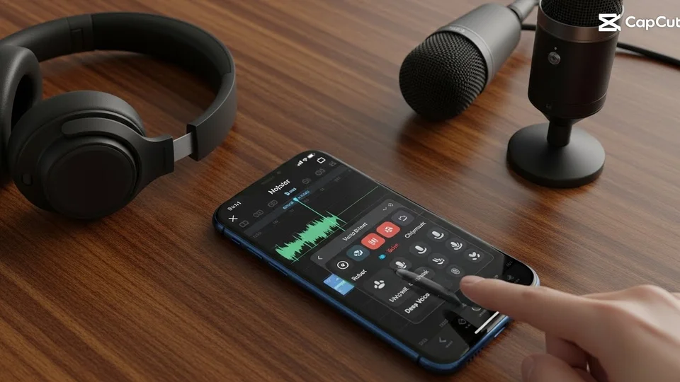 Visão superior de um smartphone na mesa com fones de ouvido e microfones, mostrando edição de áudio no CapCut.