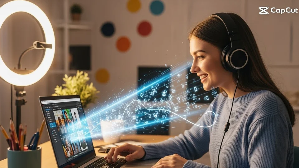 Criadora de conteúdo sorridente usando fones, com efeitos digitais saindo do notebook que exibe galeria de vídeos.