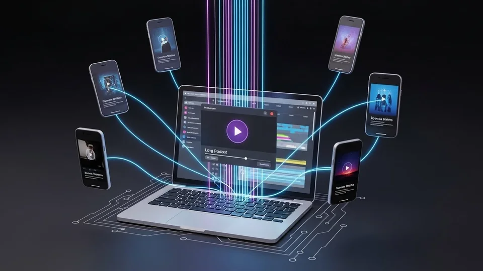Representação digital de um laptop central conectado a vários smartphones por feixes de luz, simbolizando a distribuição de podcasts.