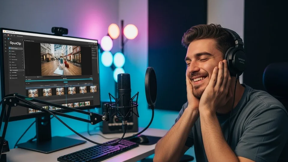 Criador de conteúdo sorridente com fones de ouvido em frente a um microfone profissional e monitor com software OpusClip.