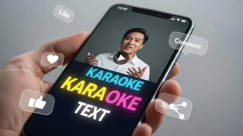 Close-up de um smartphone exibindo um vídeo com legendas coloridas estilo "Karaoke Text" e ícones flutuantes de redes sociais.
