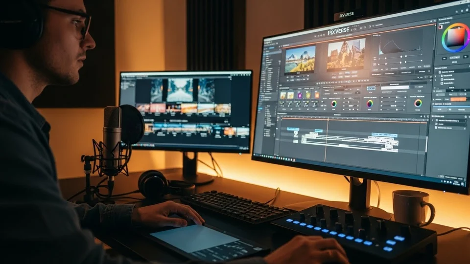 Editor em workstation com dois monitores, microfone profissional e console de edição em ambiente de luz quente.
