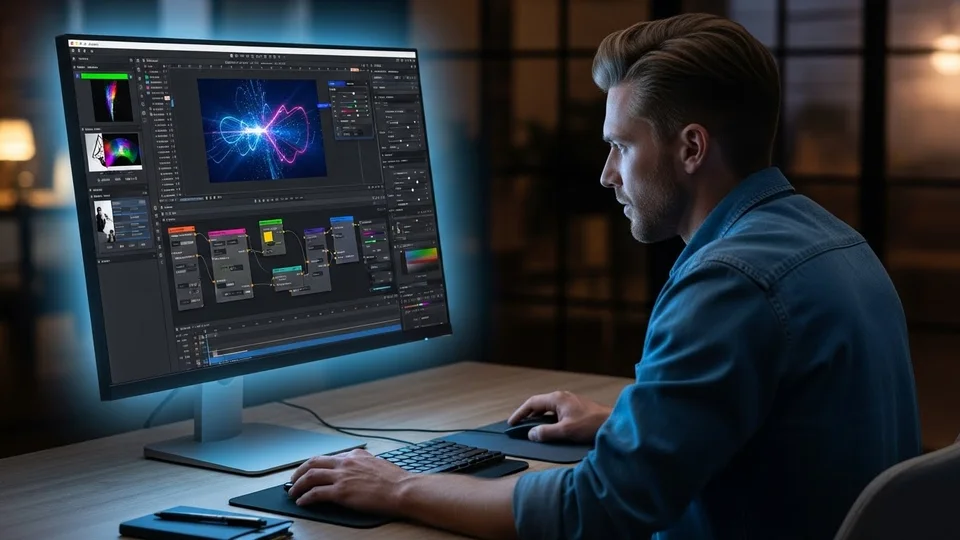 Homem editando efeitos visuais complexos em software profissional, com a luz do monitor refletindo em seu rosto.