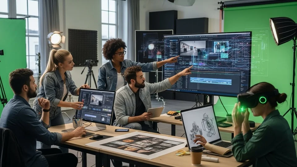 Equipe de produção audiovisual em estúdio com fundo verde, analisando edições em monitor grande e usando óculos VR.