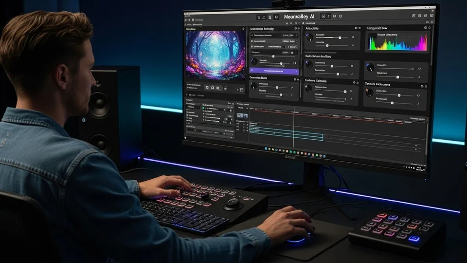 Homem em estúdio escuro editando vídeo no software Moonvalley AI.