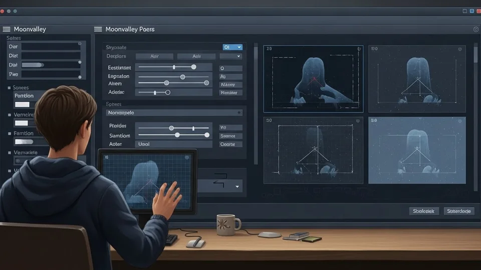Ilustração de editor de vídeo operando interface digital Moonvalley Poers.