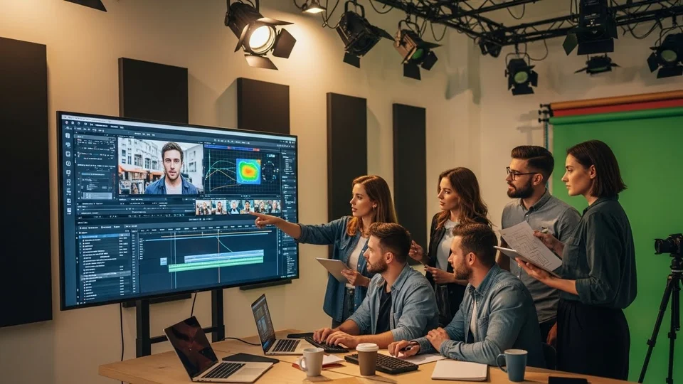 Equipe de produção audiovisual analisando edição de vídeo em tela grande.