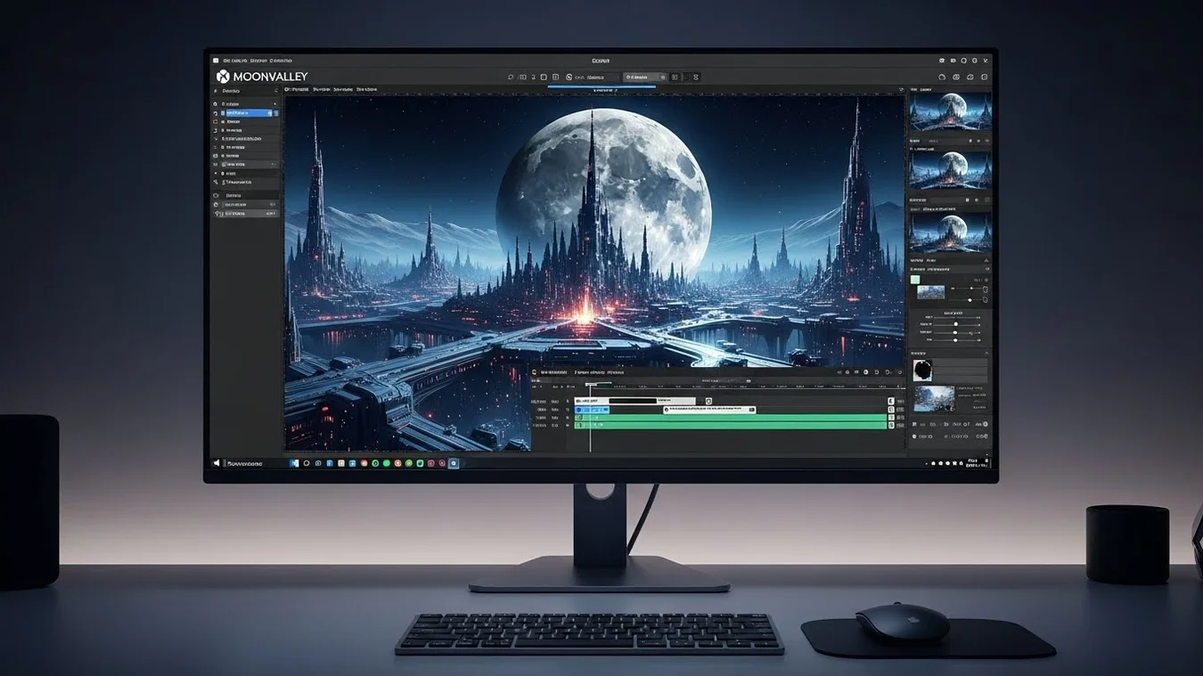 Monitor exibe software Moonvalley com edição de vídeo.