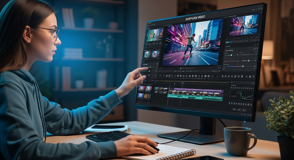 Mulher edita vídeo profissional em monitor de alta resolução.