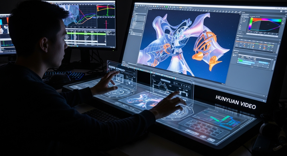 Homem usa painel touch futurista para editar vídeos.