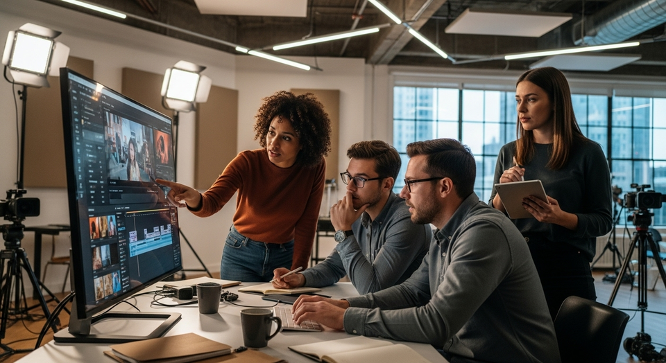 Equipe discute edição de vídeo em estúdio profissional.