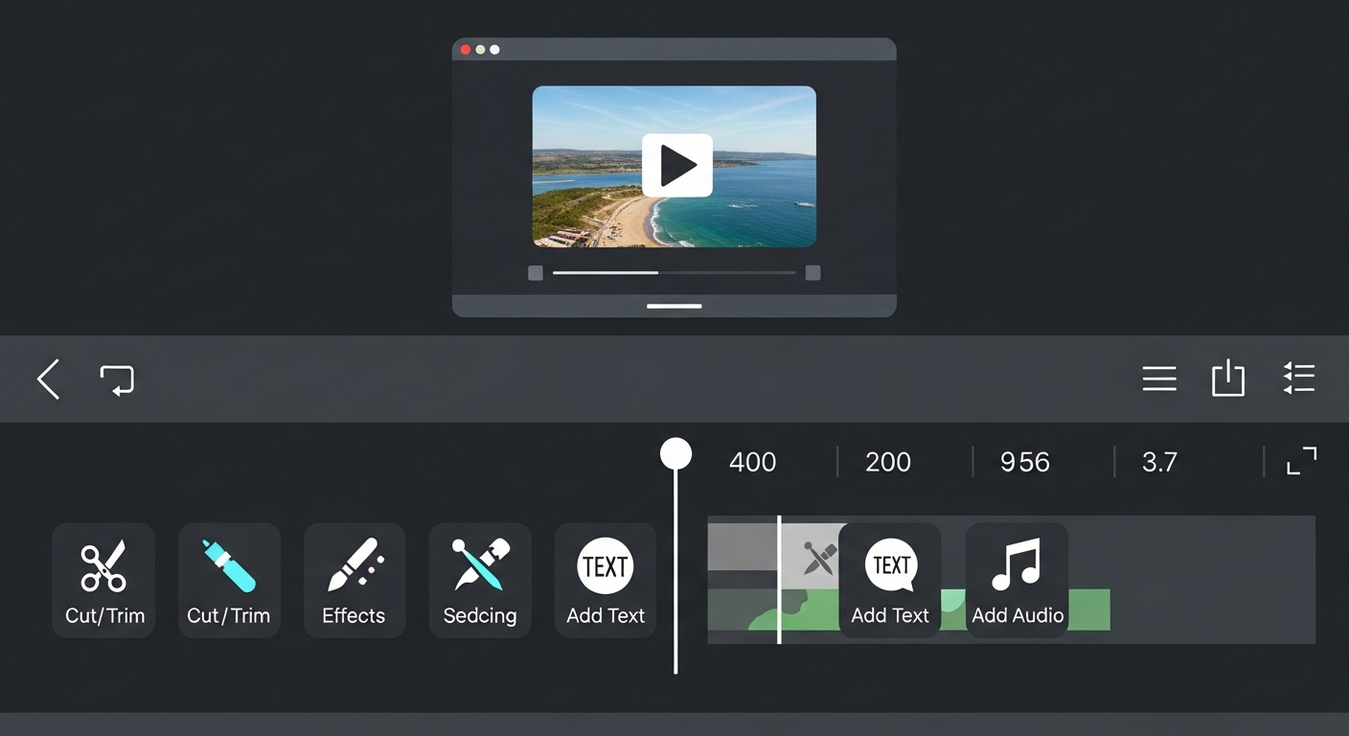 Interface de aplicativo de edição com linha do tempo e som.