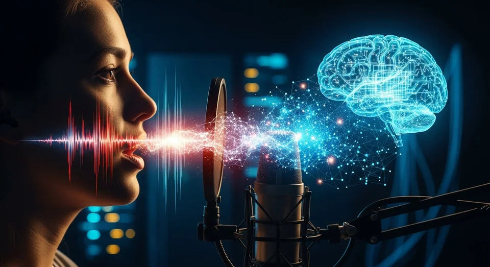 Mulher fala ao microfone com cérebro digital e ondas de IA.