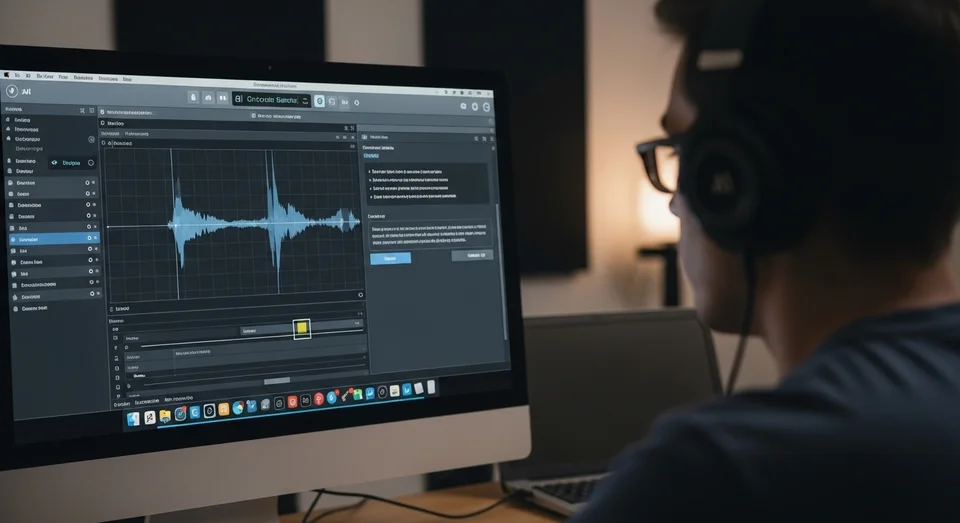 Homem com fones analisa ondas de áudio em monitor de PC.