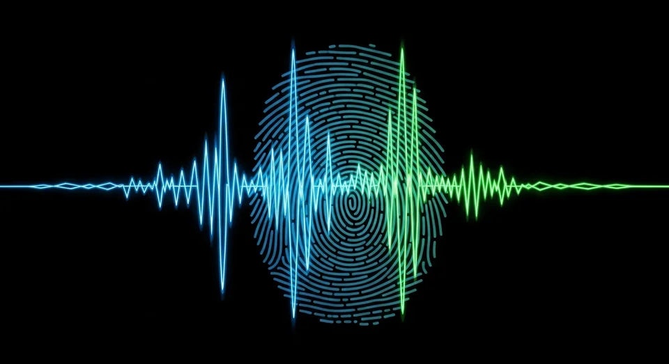 Impressão digital com ondas sonoras coloridas em neon.