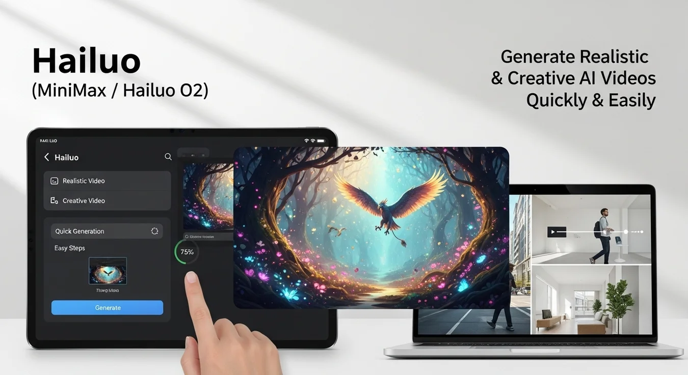 Tablet e notebook exibindo interface da IA de vídeo Hailuo.