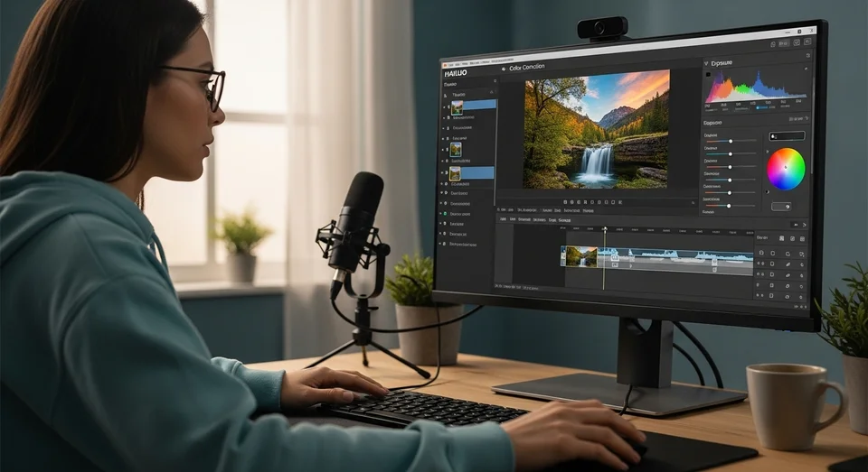 Editora de vídeo fazendo correção de cor em monitor 4K.