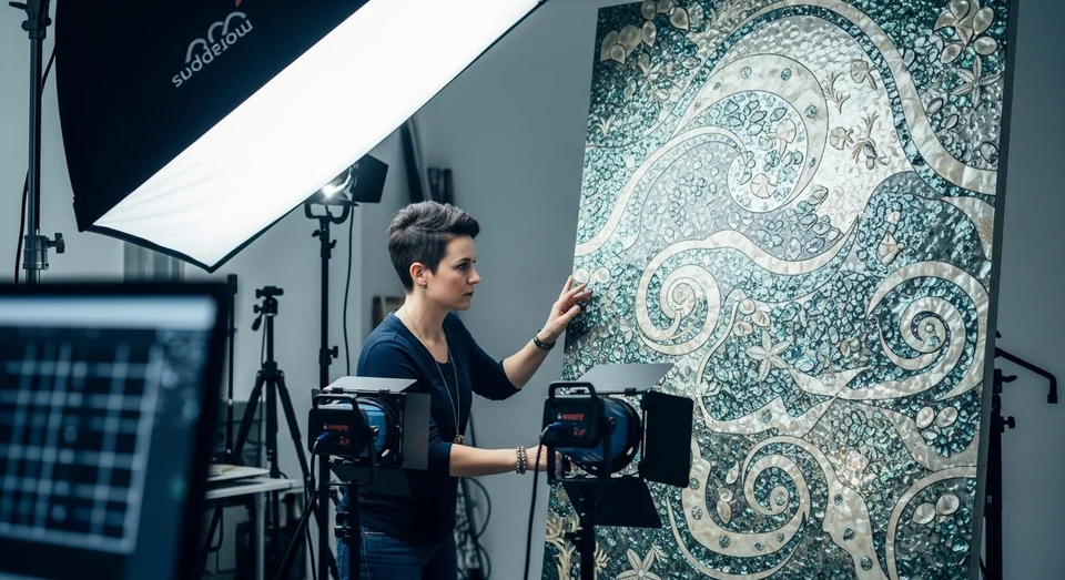 Mulher ajustando iluminação de estúdio para painel artístico.