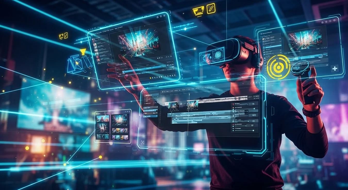 Homem usa óculos VR e interage com telas holográficas.