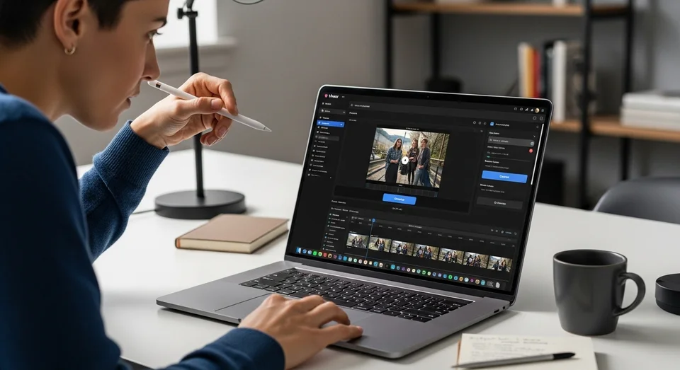 Pessoa editando vídeo em notebook com caneta digital na mão.