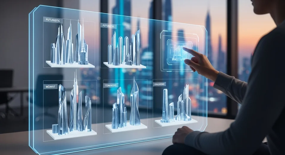 Pessoa toca tela transparente com modelos 3D de prédios futuristas.