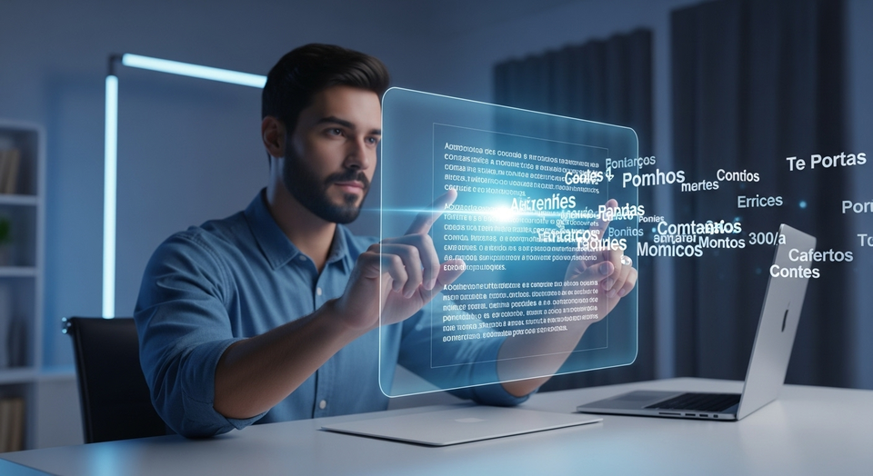 Homem interage com tela holográfica de dados e textos.