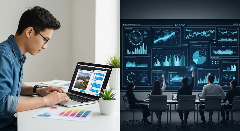 Homem trabalhando em notebook e equipe analisando painel de dados.