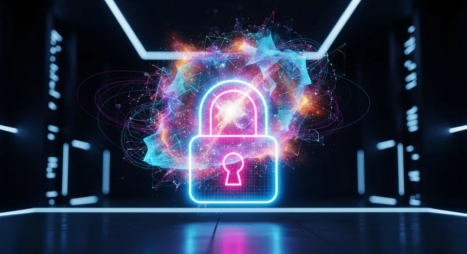 Cadeado neon brilhante em ambiente digital escuro.