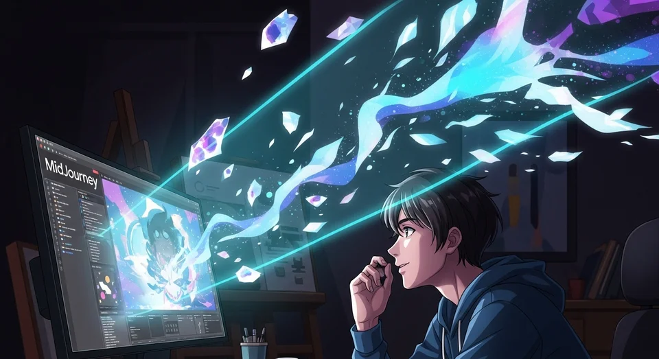 Jovem usando MidJourney com luzes saindo do monitor.