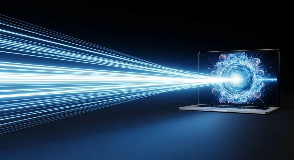 Laptop com feixe de luz azul saindo da tela.