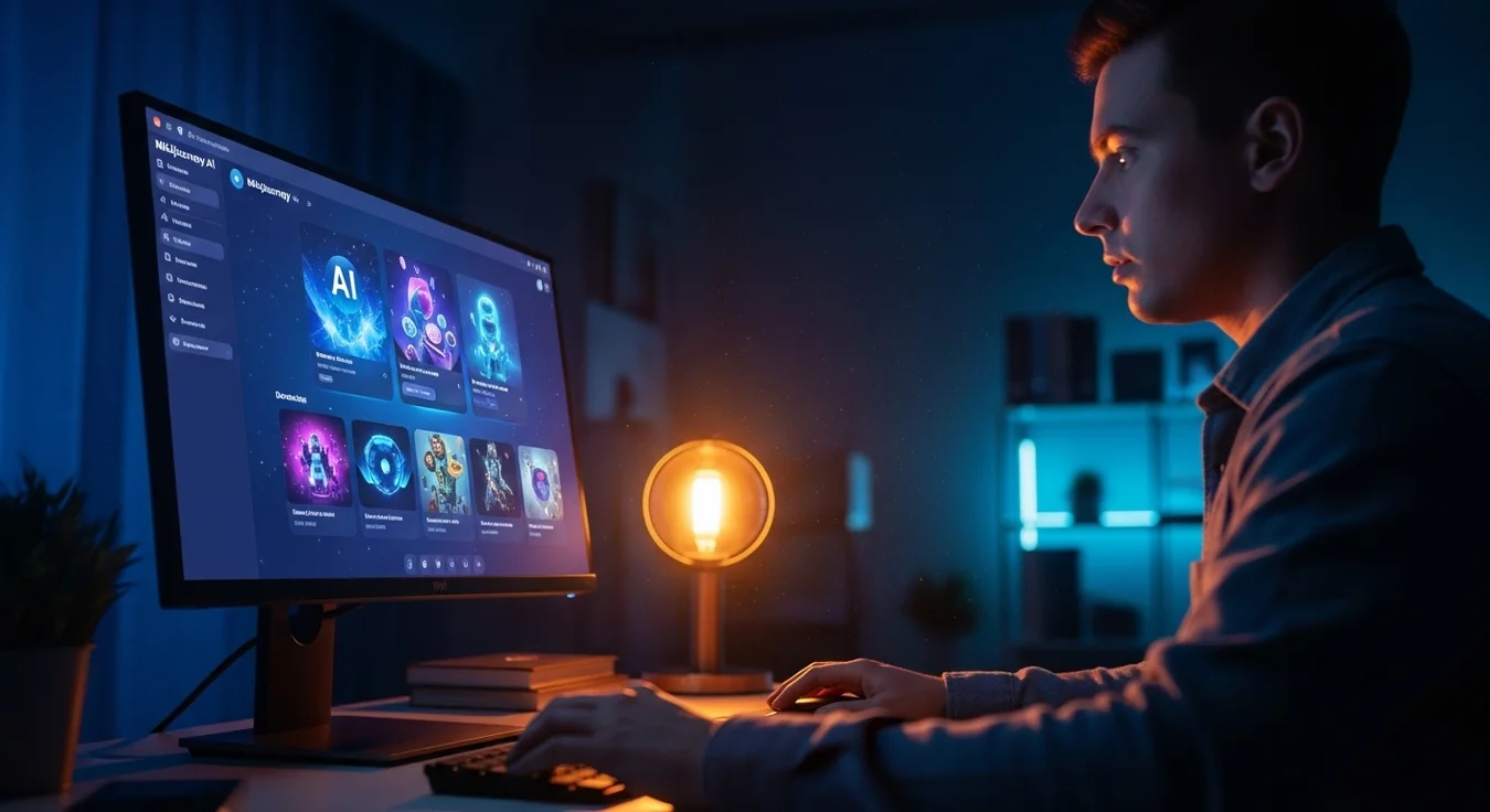 Homem trabalhando no computador à noite com interface de IA.