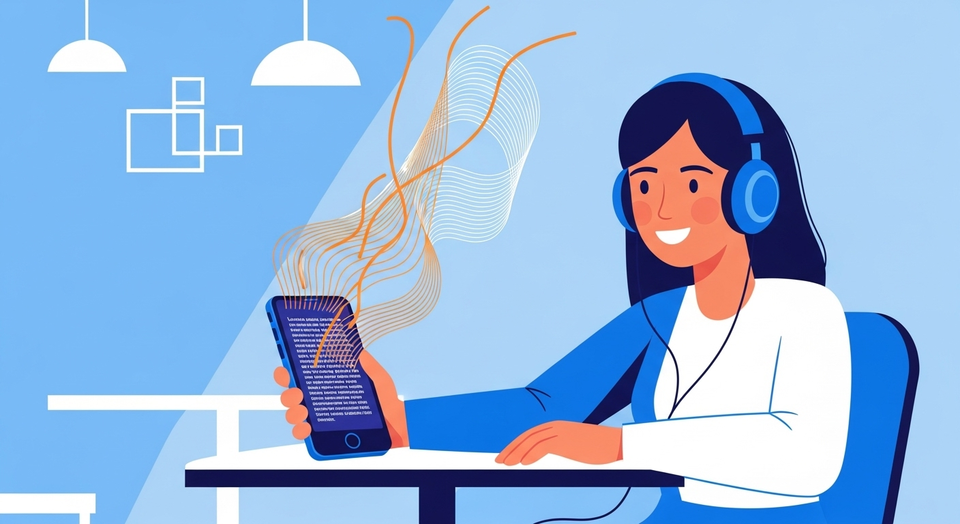 Ilustração de mulher com fones ouvindo áudio no celular.