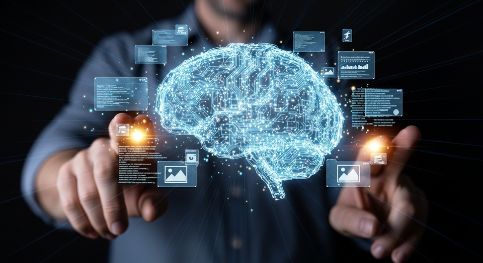 Mãos interagem com cérebro digital e dados flutuantes.