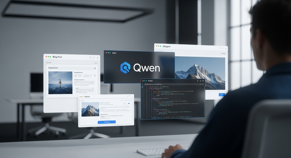 Interface do Qwen AI com janelas de código e blog.