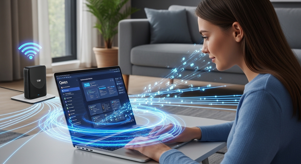 Mulher usa laptop com IA Qwen e modem TIM ao fundo.