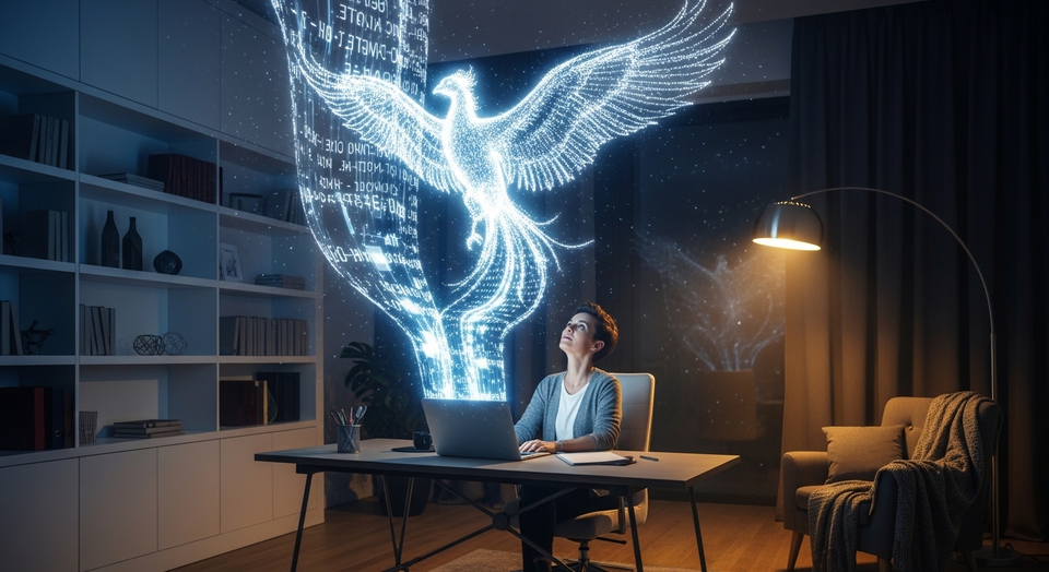 Mulher no notebook vê fênix digital de dados.